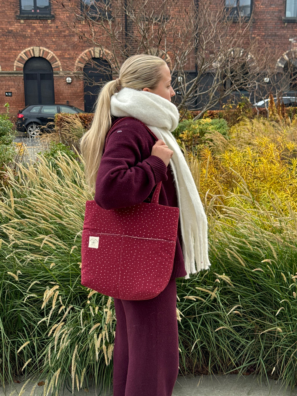Burgundy Polka Dot Tote Bag