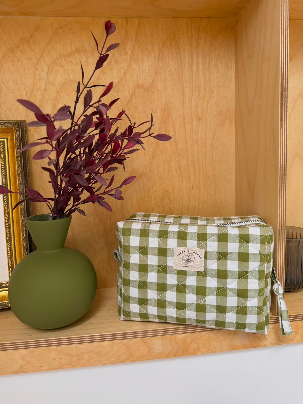 Green Gingham Makeup Bag