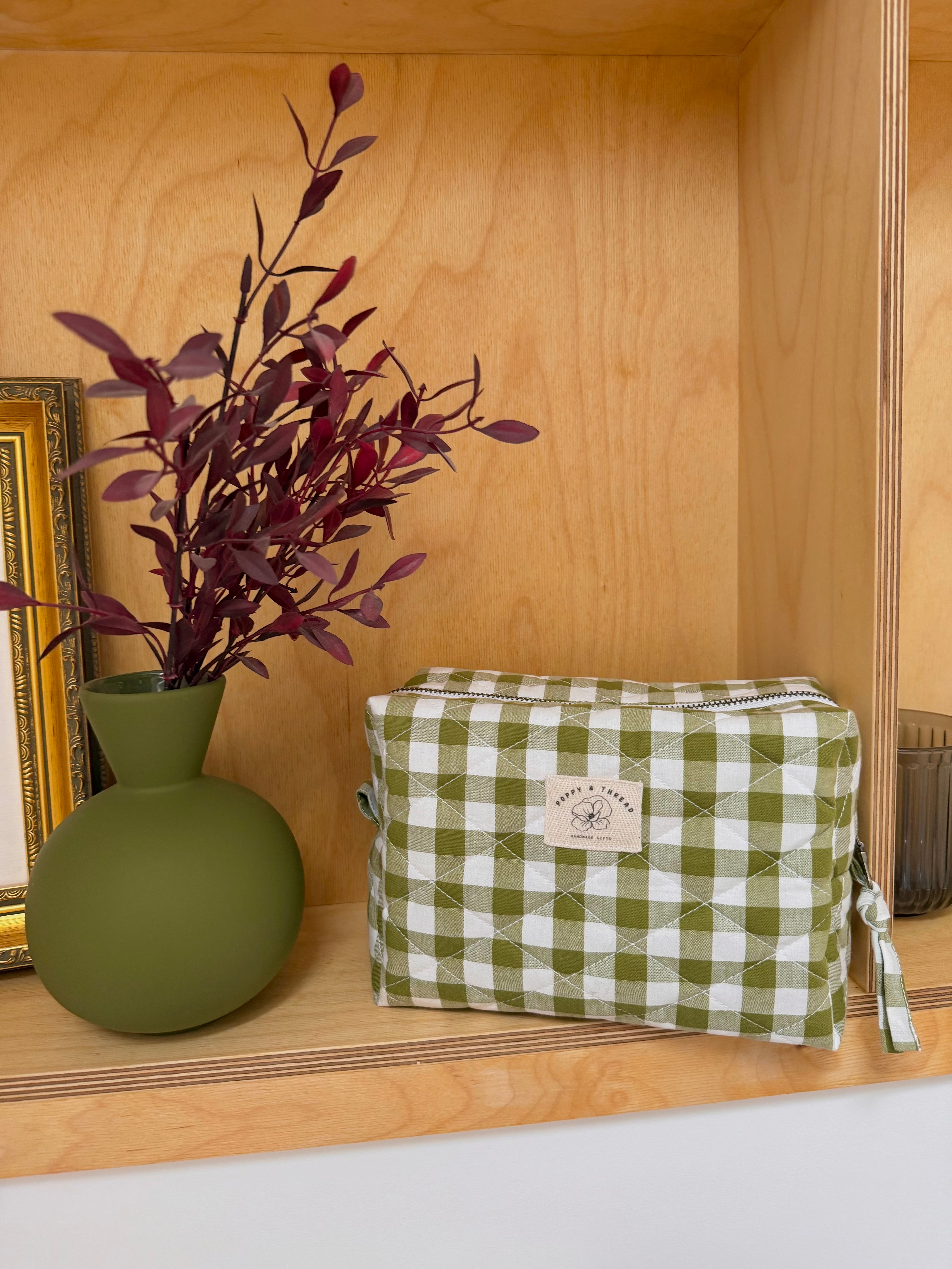 Green Gingham Makeup Bag