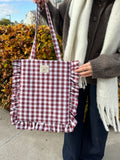 Burgundy Gingham Ruffle Tote