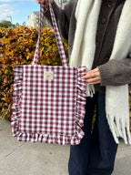Burgundy Gingham Ruffle Tote