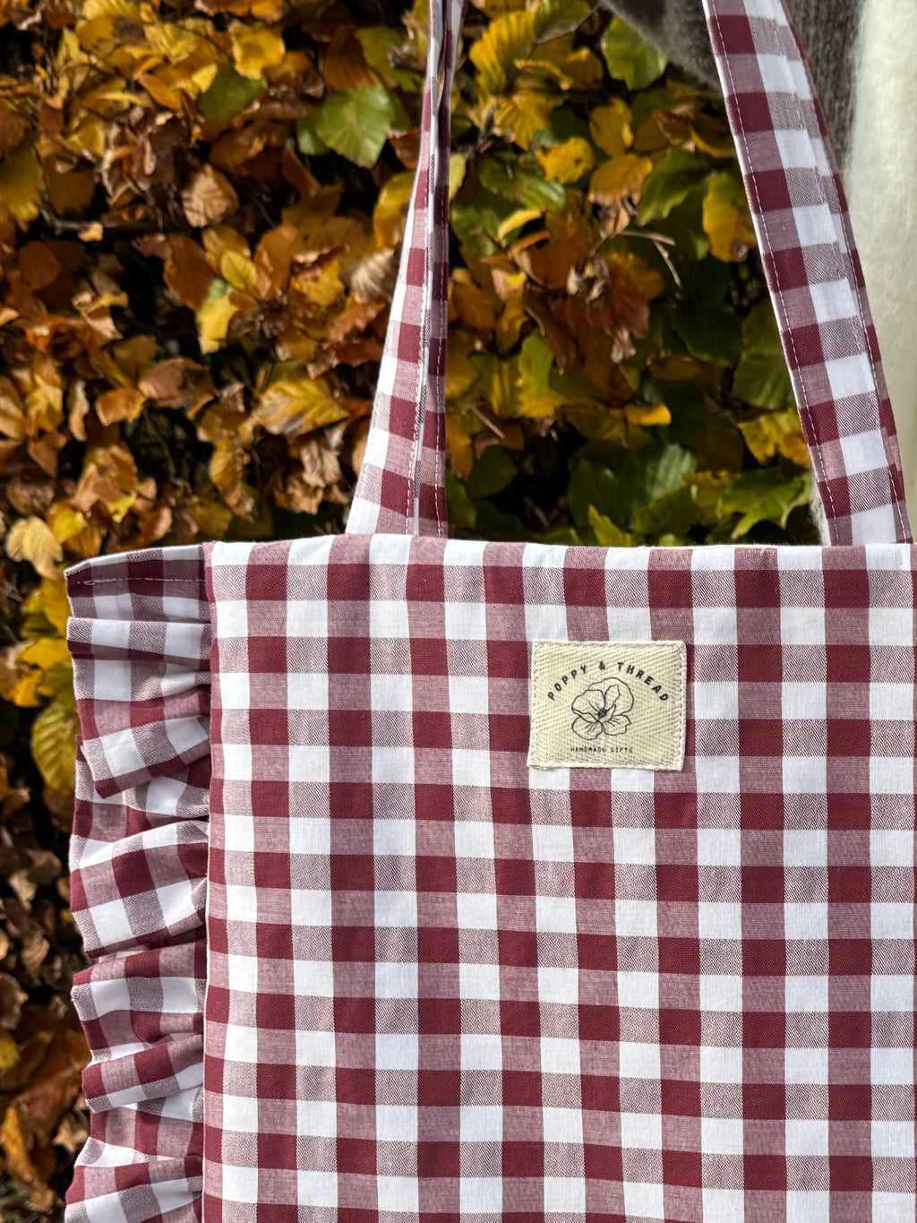 Burgundy Gingham Ruffle Tote