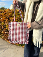 Burgundy Gingham Ruffle Tote